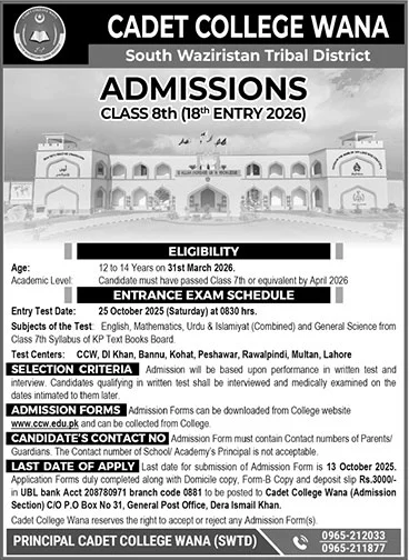 Admission Open in Cadet College Wana